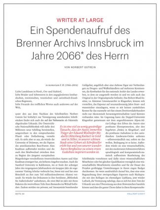 Norbert Gstrein: Spendenaufruf des Brenner Archivs Innsbruck